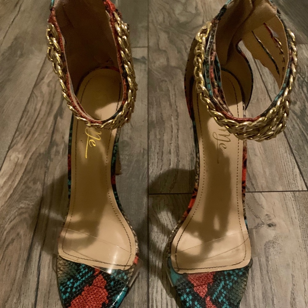 Snake skin heels, clear strap chained ankles